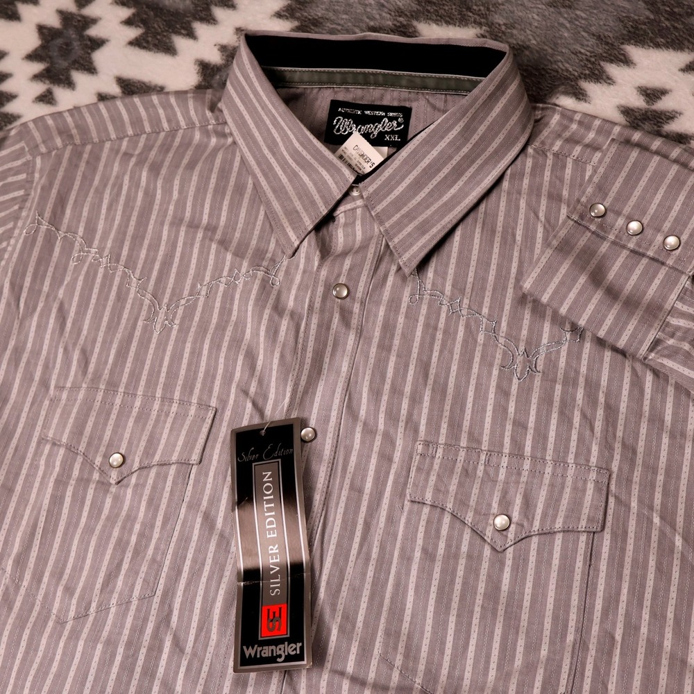 NWT Wrangler Silver Edition Pearl Snap Shirt Mens XXL Grey Striped Western